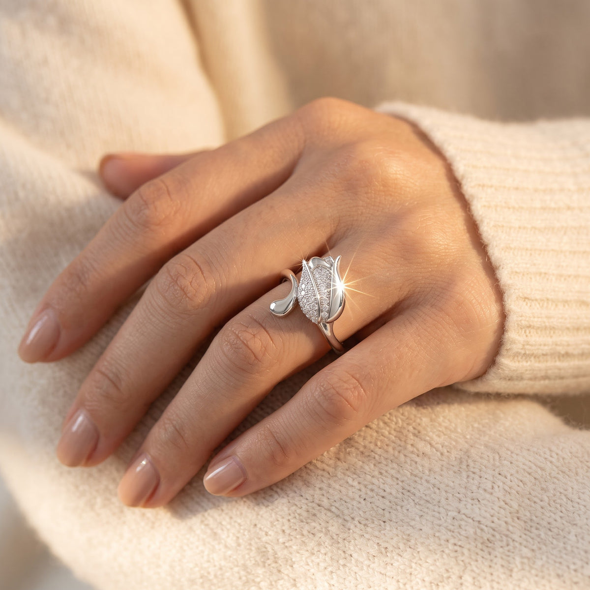Sterling Silver CZ Tulip Flower Ring worn, lifestyle photo