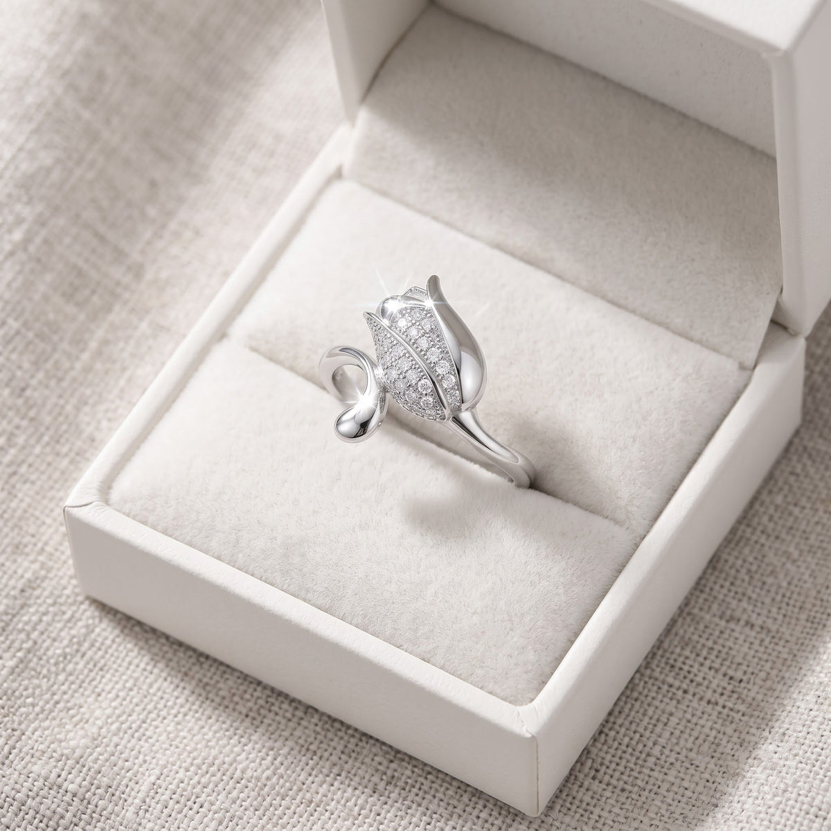 Sterling Silver CZ Tulip Flower Ring in a white gift box, ready to give