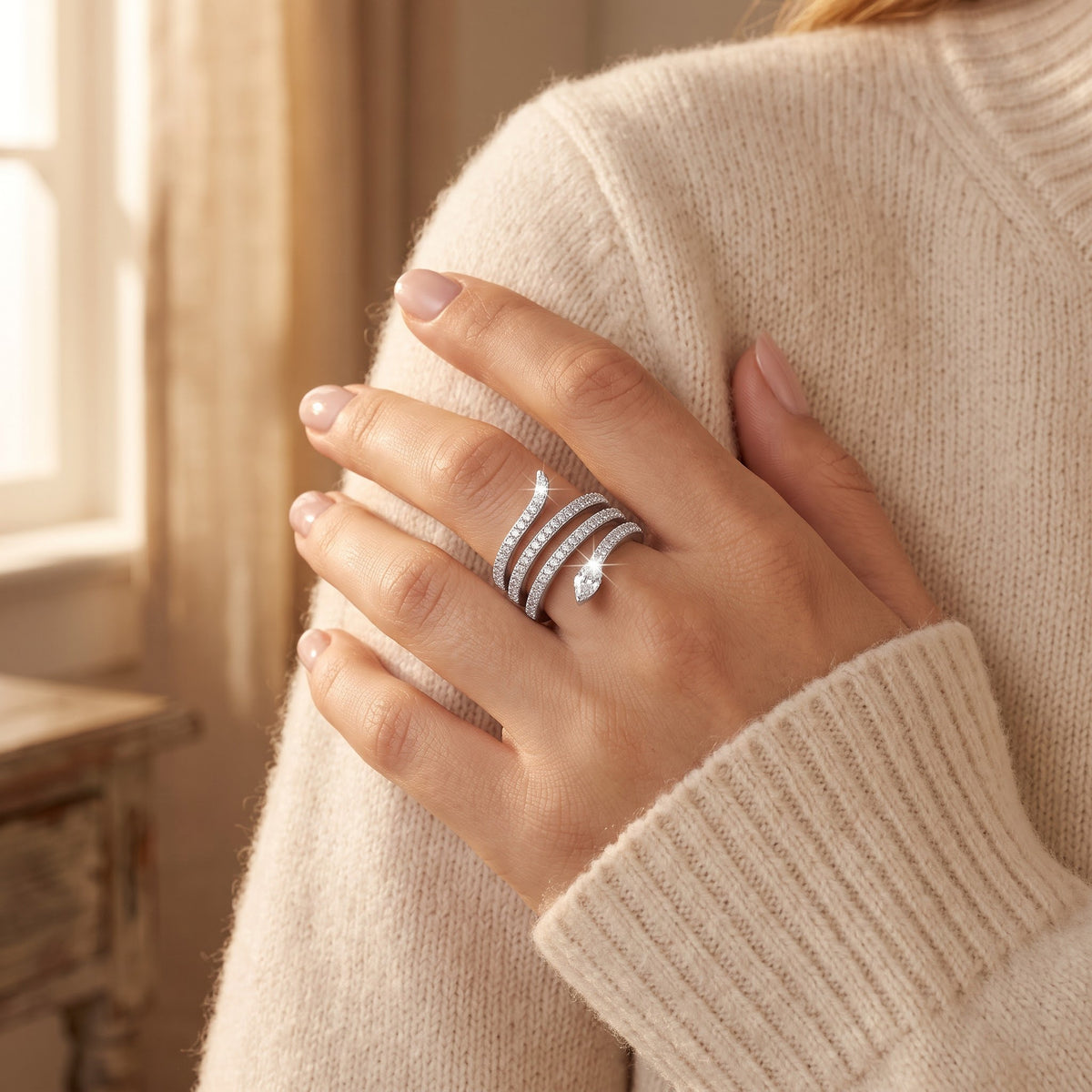 Sterling Silver CZ Wide Wrap Around Multi Row Snake Ring worn, lifestyle photo