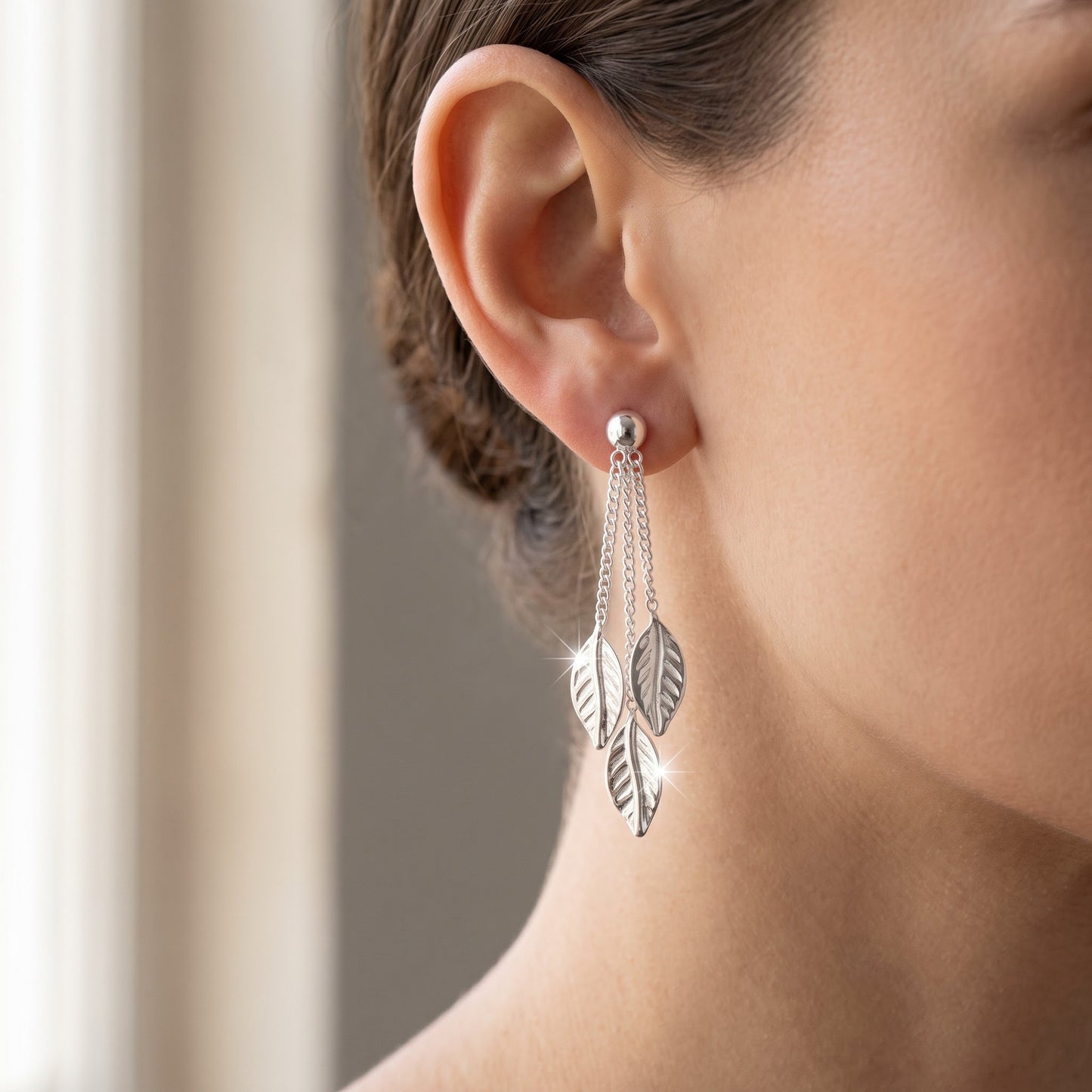 Sterling Silver Women's Dangle Chain Leaf Push Back Drop Earrings worn, lifestyle photo