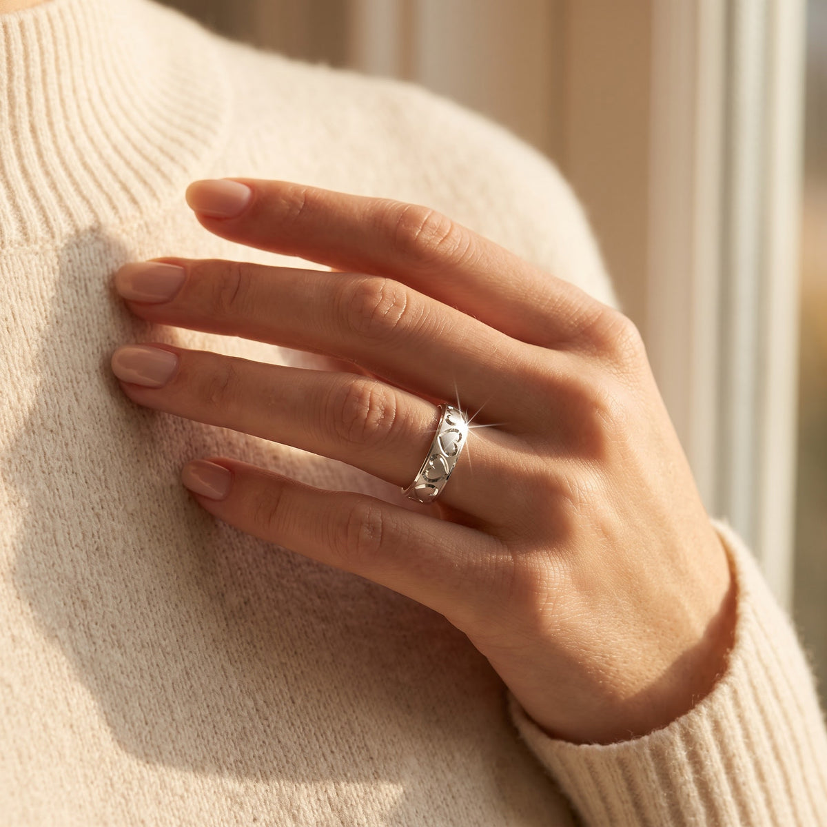 Sterling Silver Diamond Cut Heart Wedding Band Ring worn, lifestyle photo