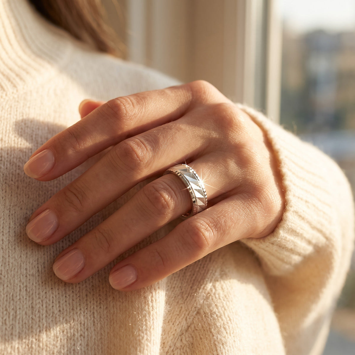 Sterling Silver Diamond Cut Wedding Band Ring worn, lifestyle photo