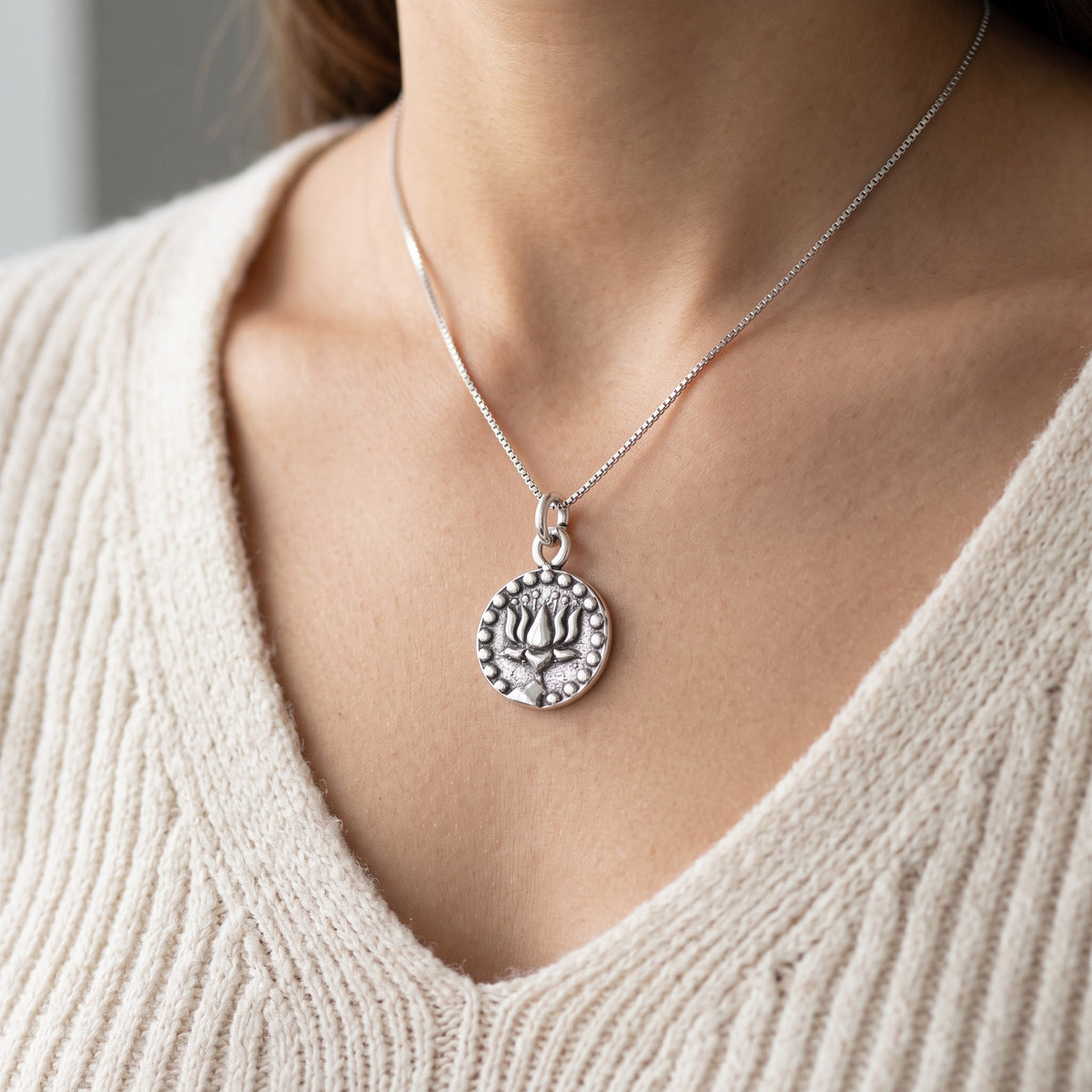 Sterling Silver Double Sided Lotus Flower & Om Symbol Necklace, 18" worn, lifestyle photo