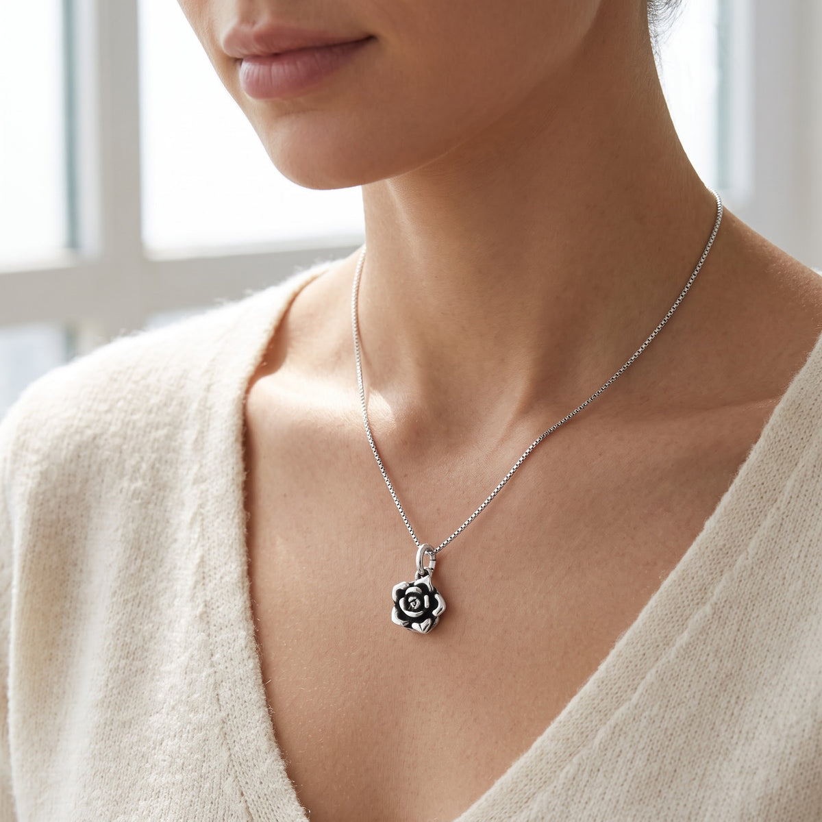 Sterling Silver Double Sided Rose Flower Necklace, 18" worn, lifestyle photo