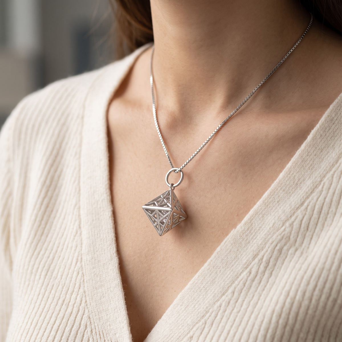 Sterling Silver Filigree Double Pyramid Necklace worn, lifestyle photo