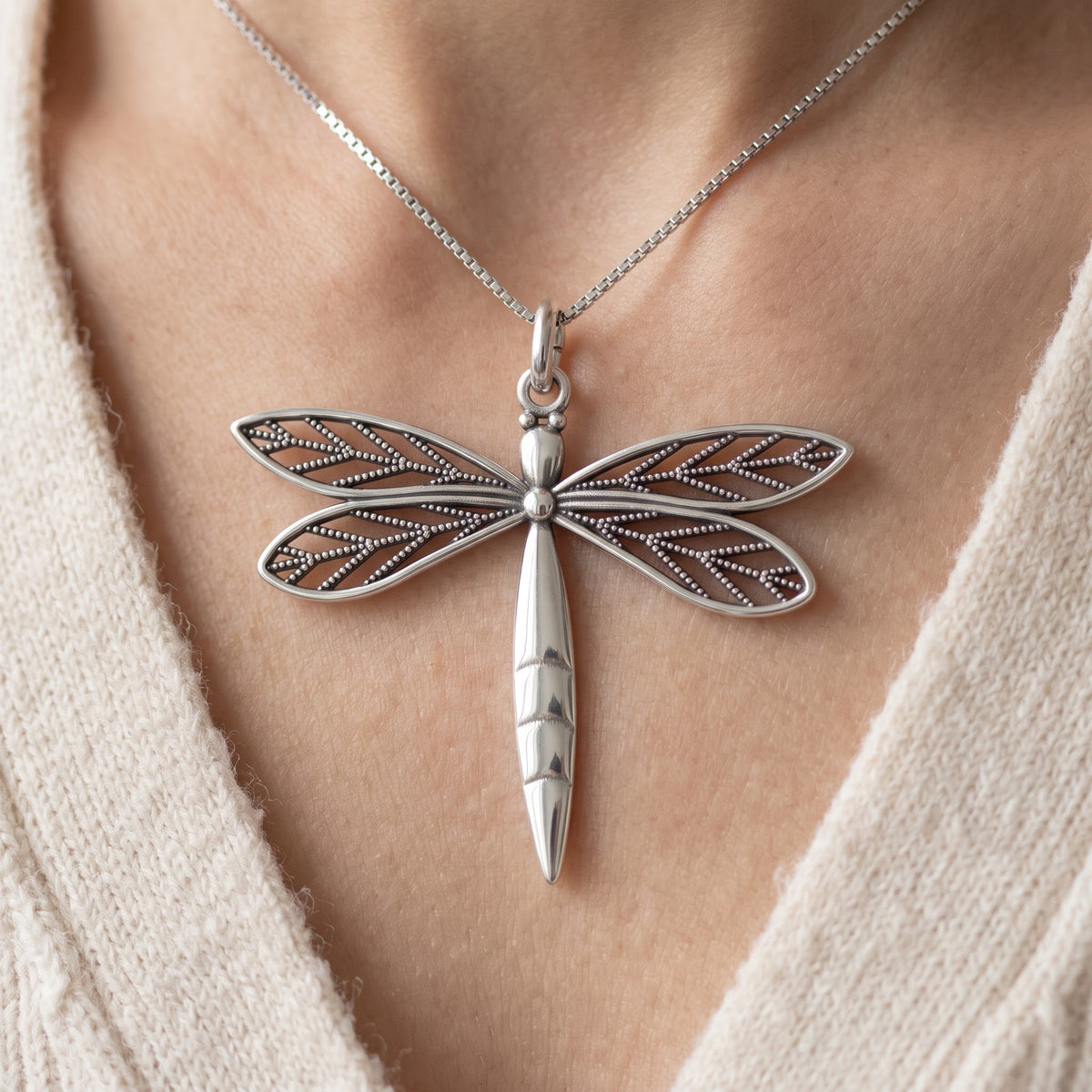 Sterling Silver Filigree Dragonfly Necklace, 18" worn, lifestyle photo
