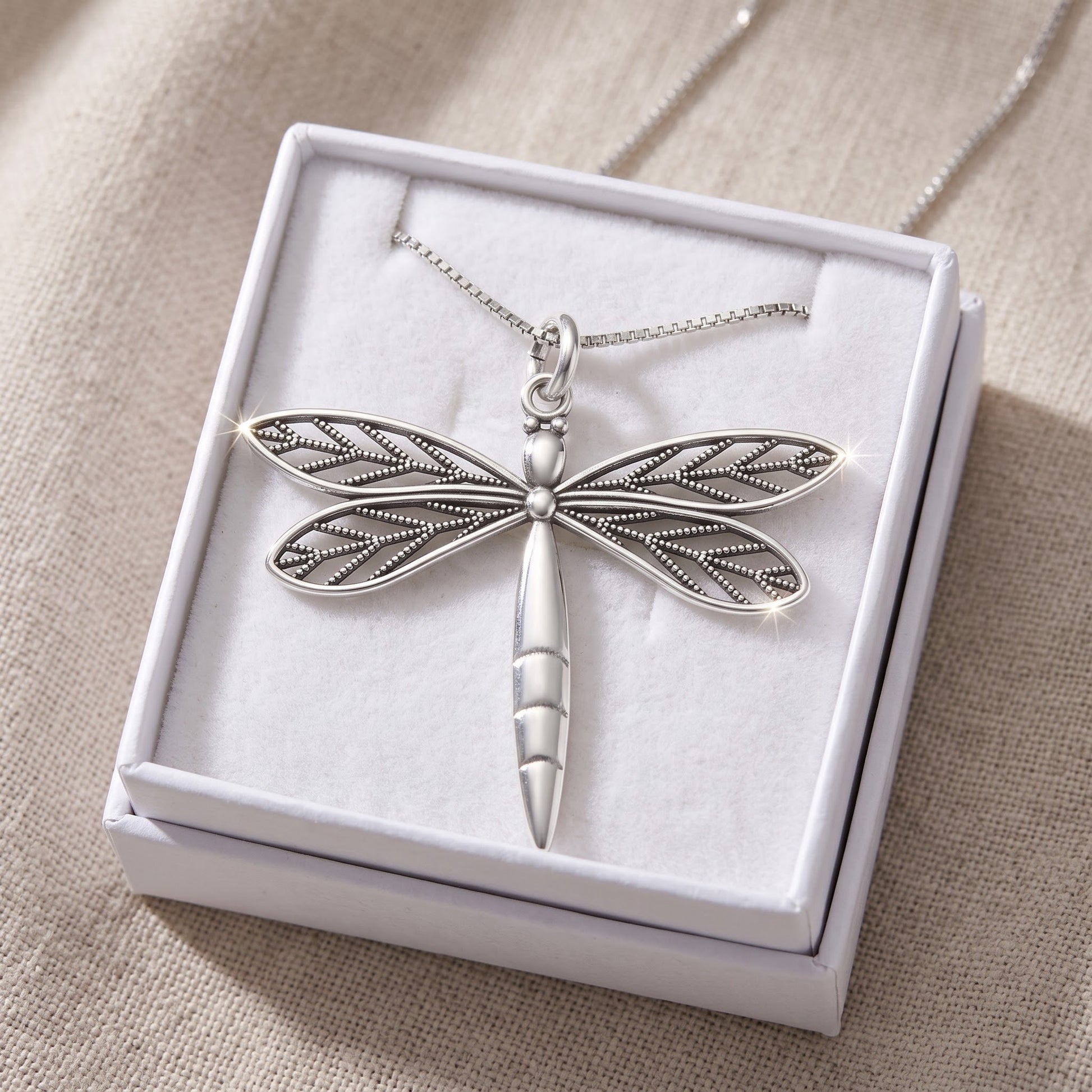 Sterling Silver Filigree Dragonfly Necklace, 18" in a white gift box, ready to give
