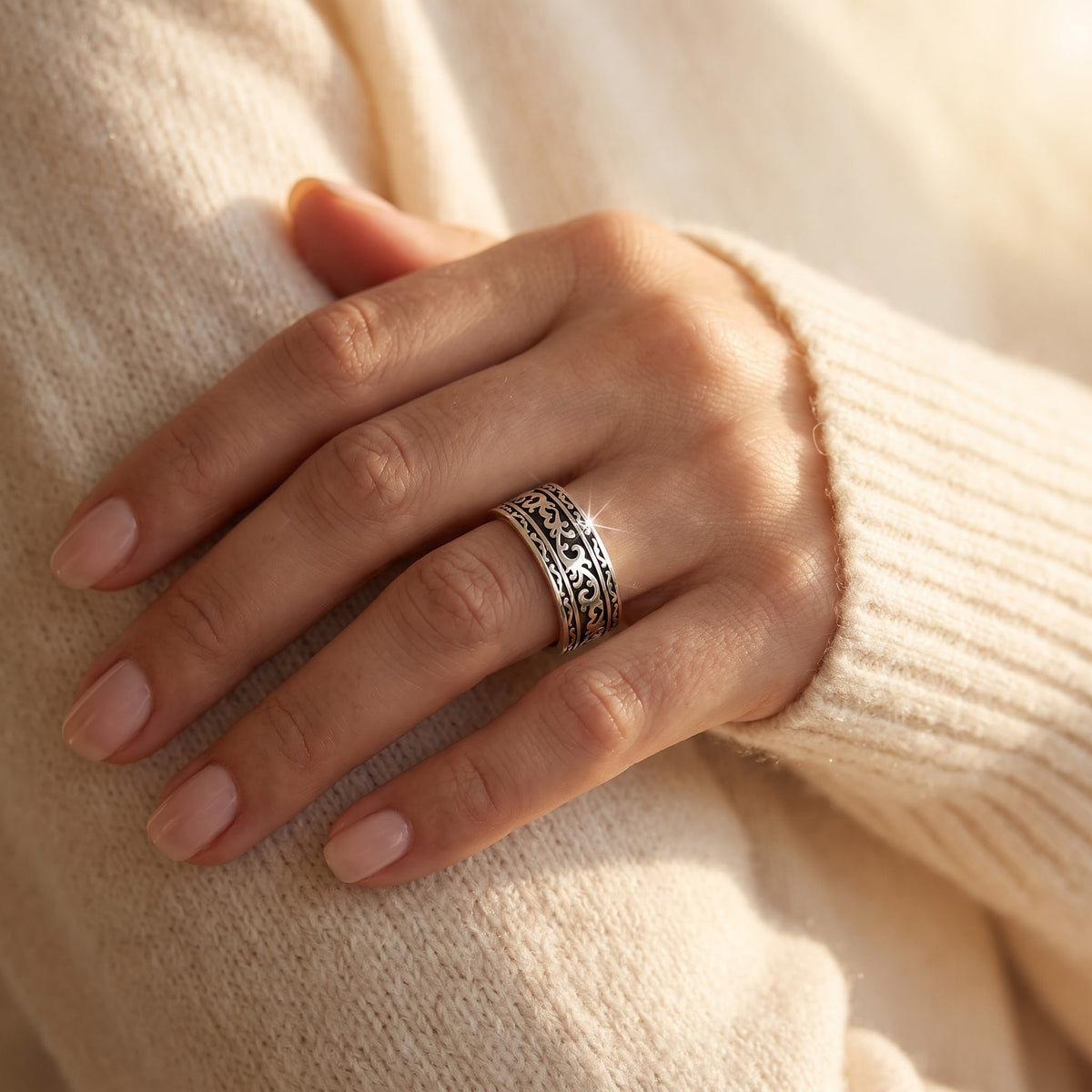 Sterling Silver Filigree Vine Eternity Ring worn, lifestyle photo