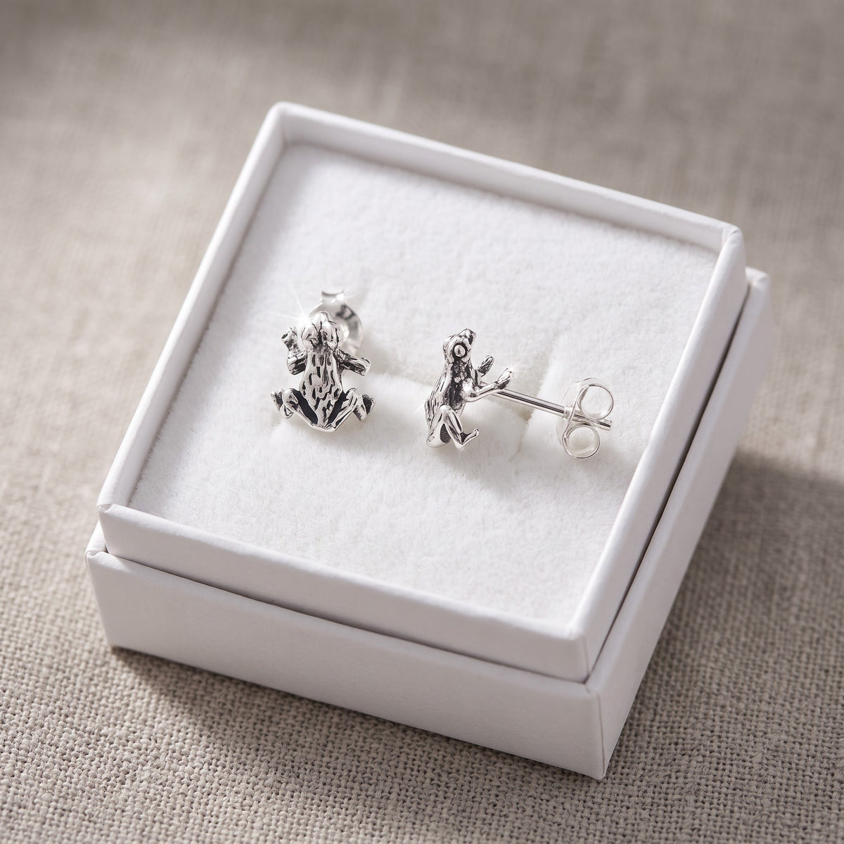 Sterling Silver Frog Stud Earrings - 8mm in a white gift box, ready to give