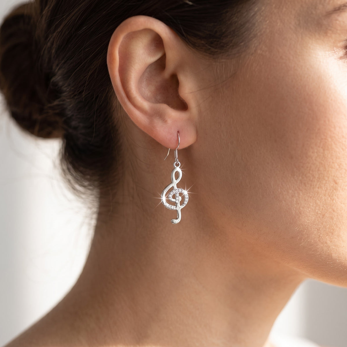 Sterling Silver G Clef Musical Note Dangle Earrings, 27mm worn, lifestyle photo