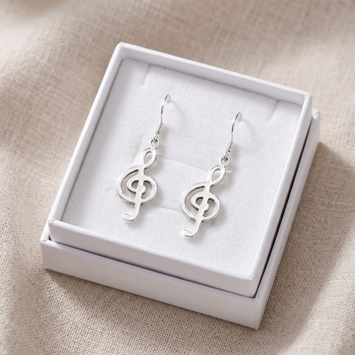 Sterling Silver G Clef Musical Note Dangle Earrings, 27mm in a white gift box, ready to give