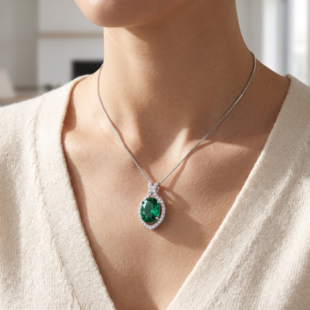 Sterling Silver Green CZ Oval Drop Necklace worn, lifestyle photo