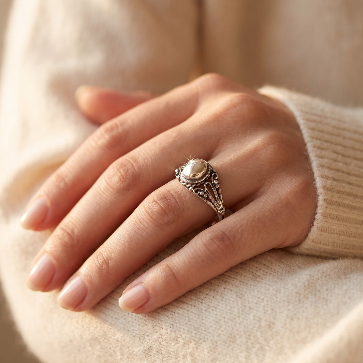 Sterling Silver Half Dome Antique Style Ring worn, lifestyle photo