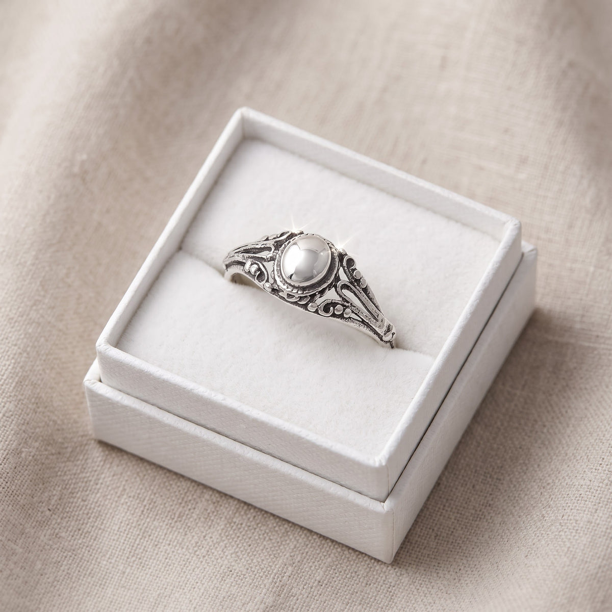 Sterling Silver Half Dome Antique Style Ring in a white gift box, ready to give