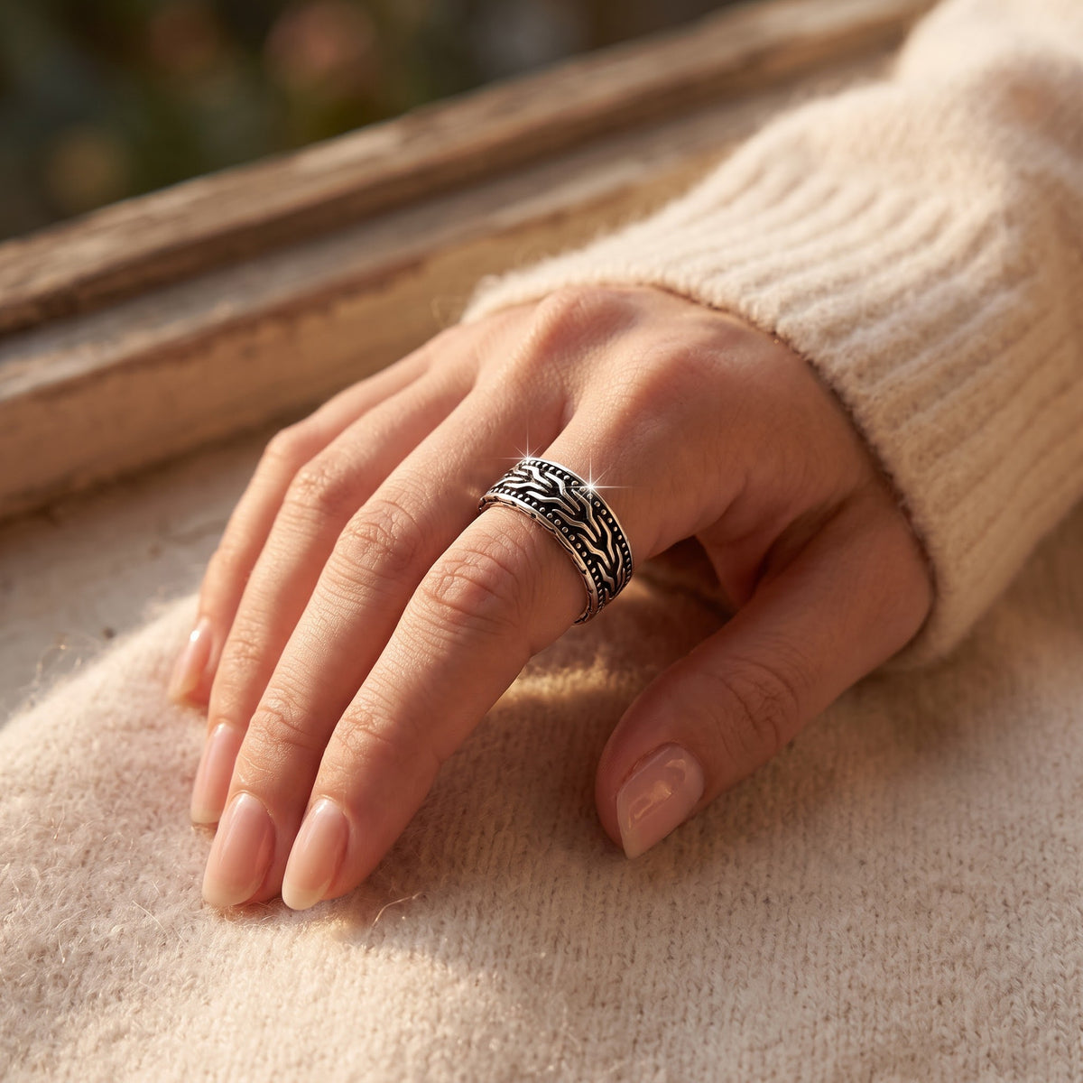 Sterling Silver Herringbone Ring worn, lifestyle photo