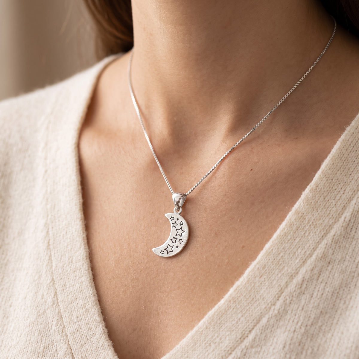 Sterling Silver I love you to the Moon and Back Necklace, 18" worn, lifestyle photo