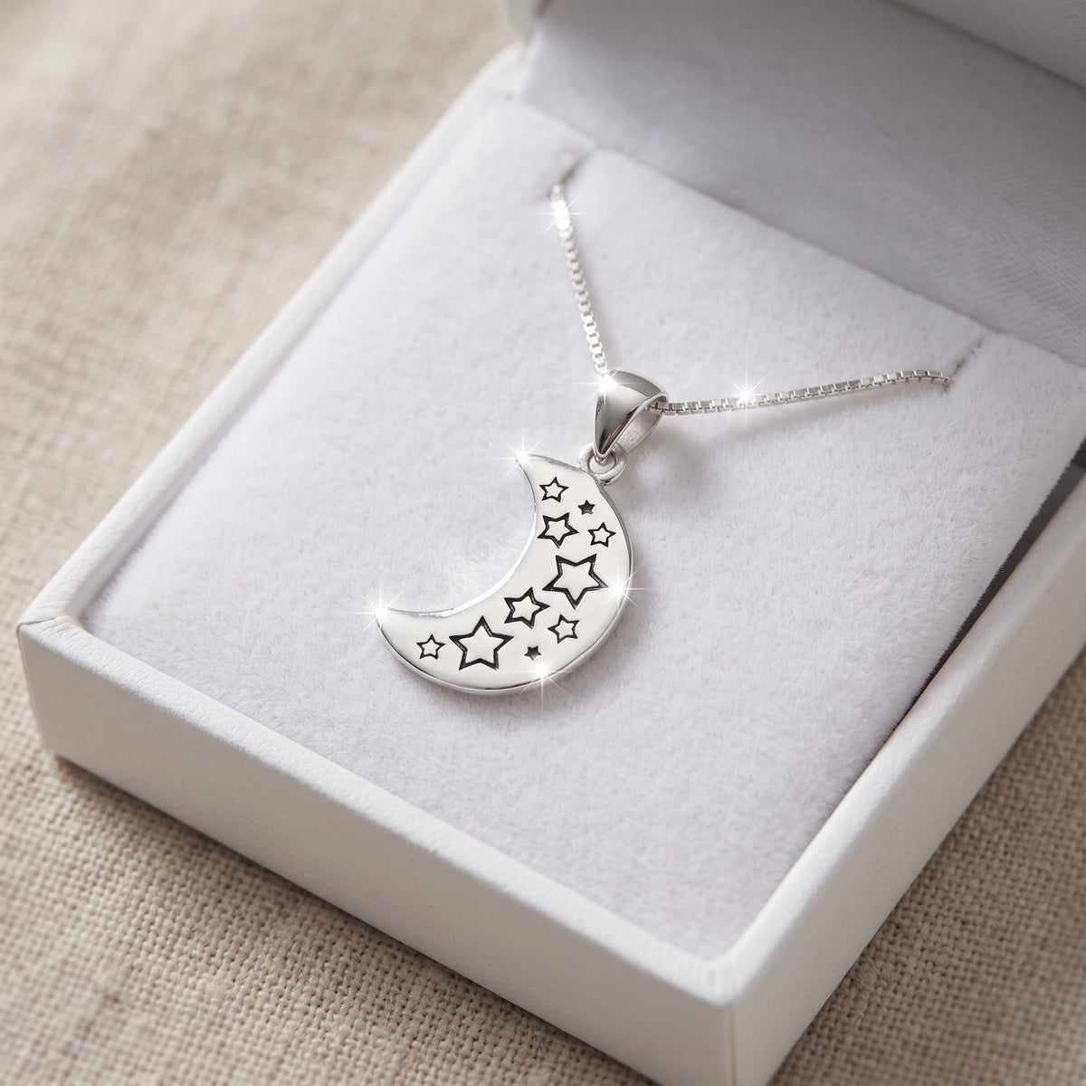 Sterling Silver I love you to the Moon and Back Necklace, 18" in a white gift box, ready to give