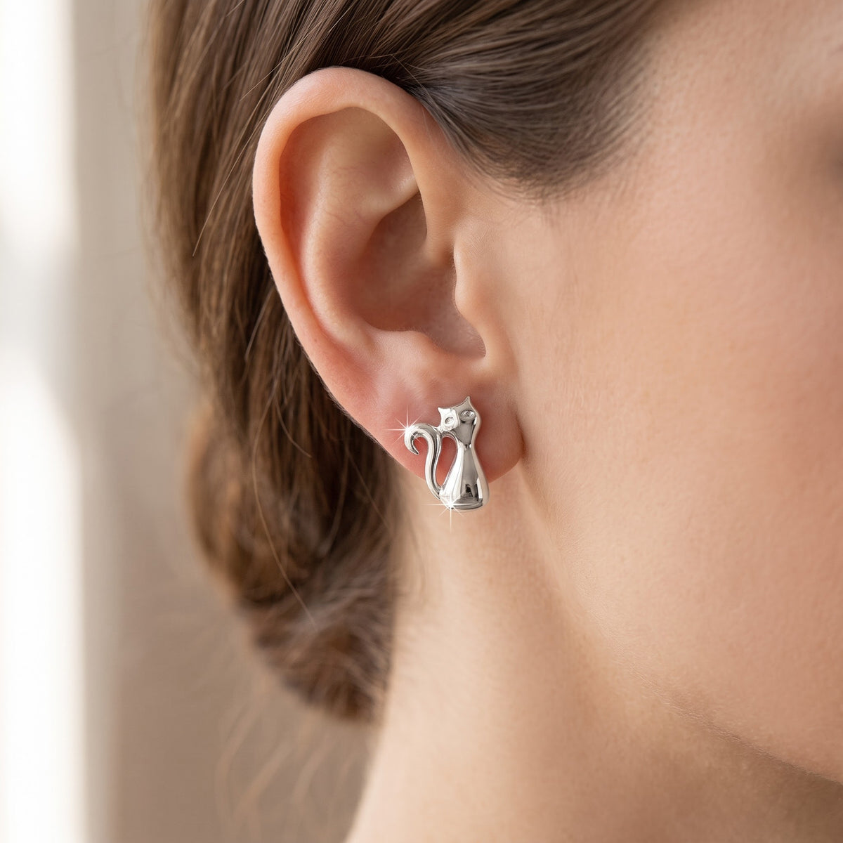 Sterling Silver Kitty Cat Stud Earrings, 10mm worn, lifestyle photo