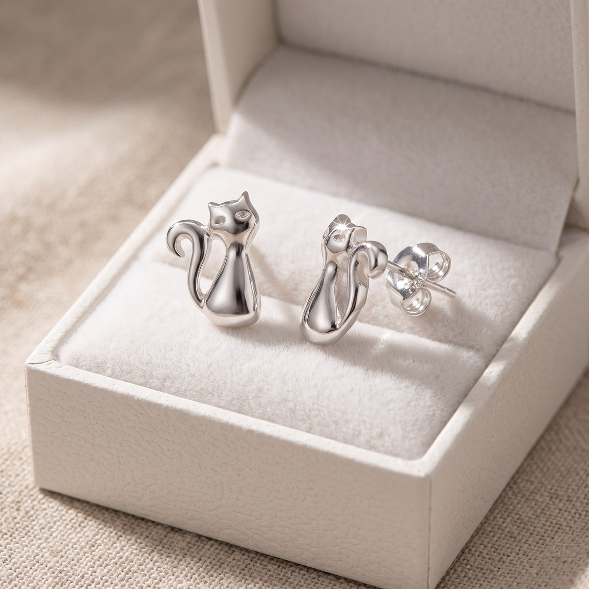 Sterling Silver Kitty Cat Stud Earrings, 10mm in a white gift box, ready to give