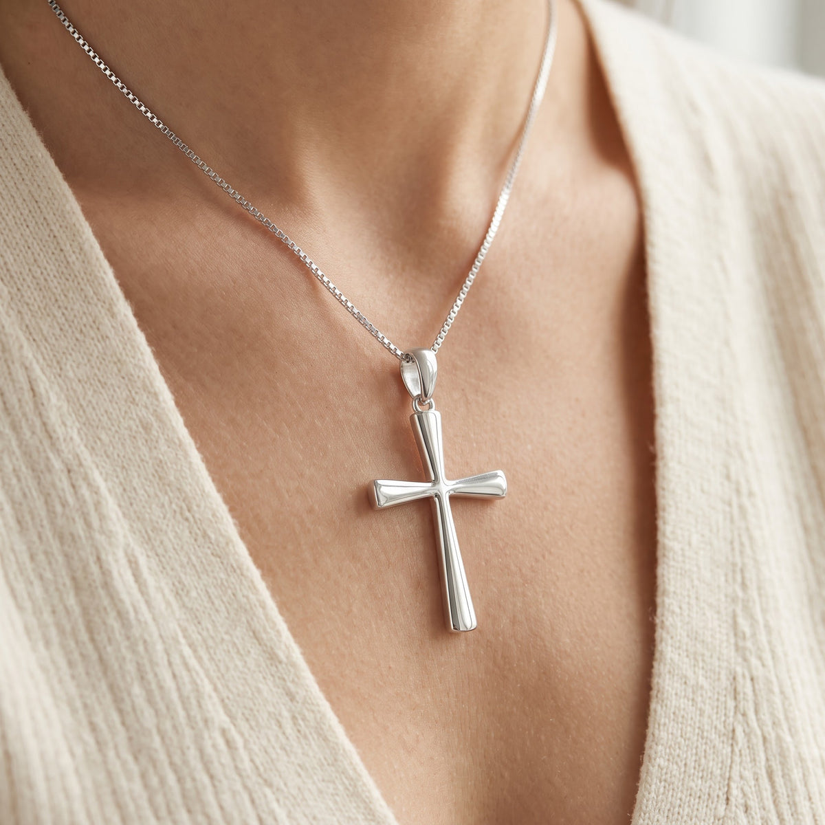 Sterling Silver Large Traditional Cross Necklace, 18" worn, lifestyle photo