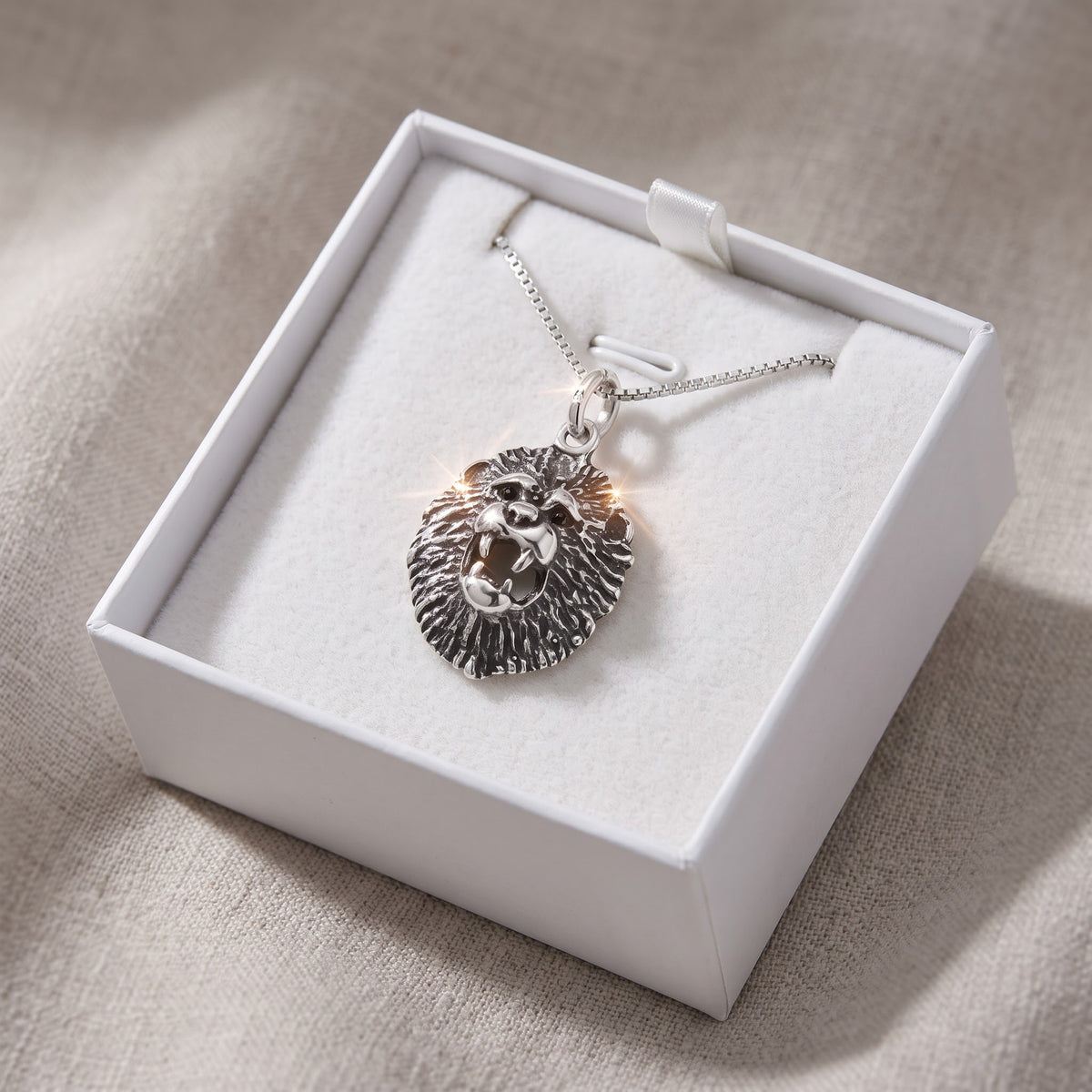 Sterling Silver Lion's Head Necklace, 18" in a white gift box, ready to give