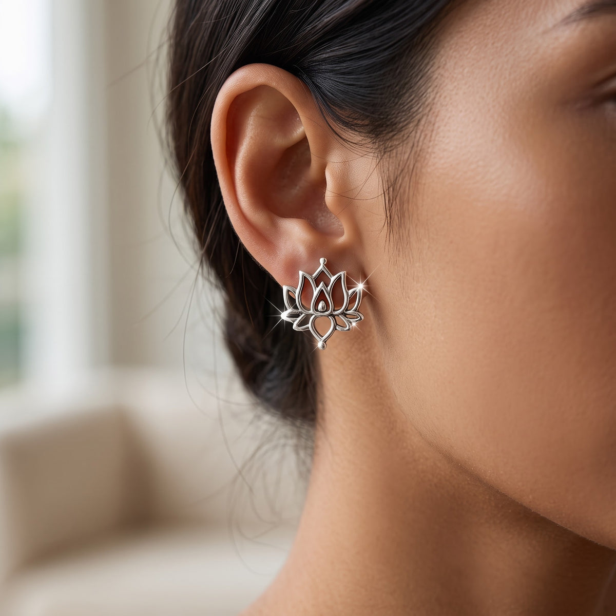 Sterling Silver Women's Large Vintage Style Hindu Lotus Flower Stud Earrings worn, lifestyle photo