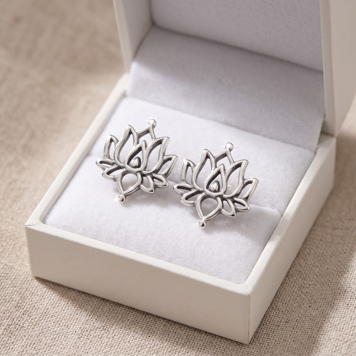 Sterling Silver Women's Large Vintage Style Hindu Lotus Flower Stud Earrings in a white gift box, ready to give