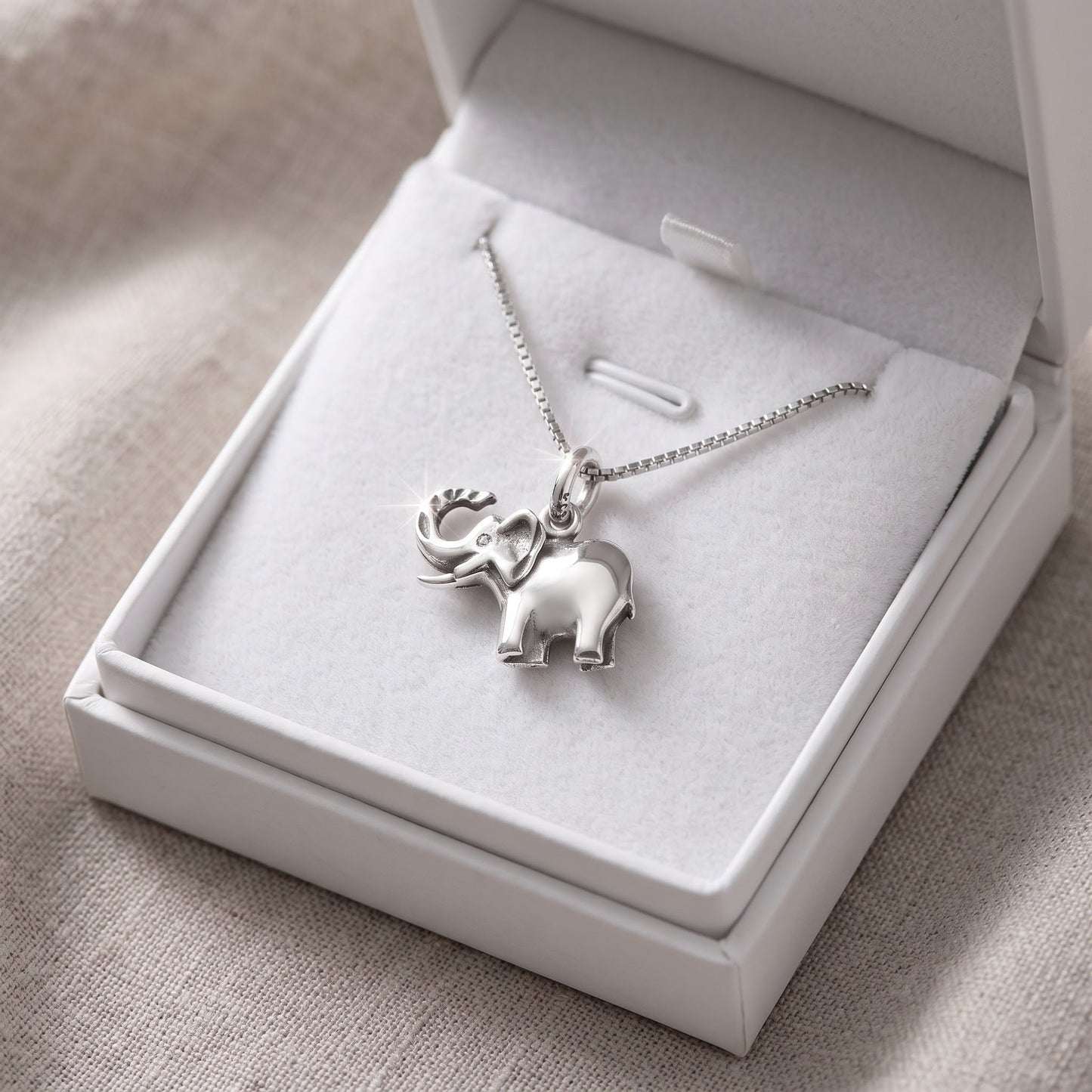 Sterling Silver Lucky Elephant Necklace, 18" in a white gift box, ready to give