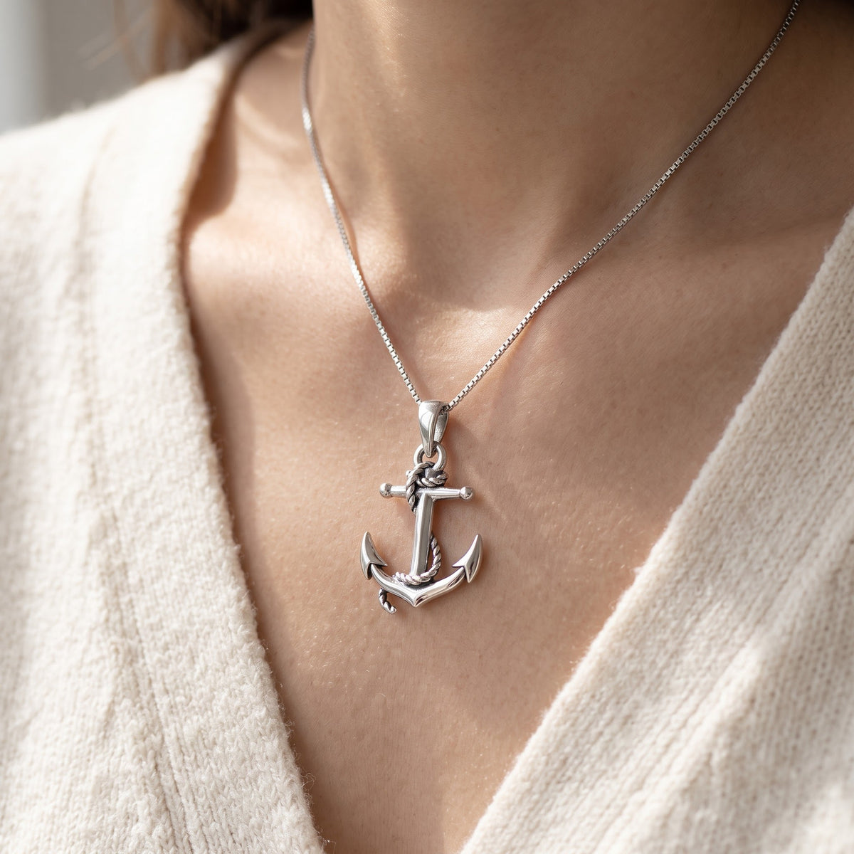 Sterling Silver Nautical Anchor Necklace worn, lifestyle photo