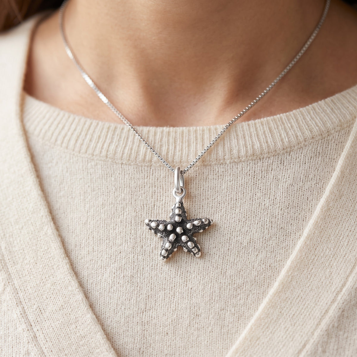 Sterling Silver Nautical Starfish Necklace, 18" worn, lifestyle photo