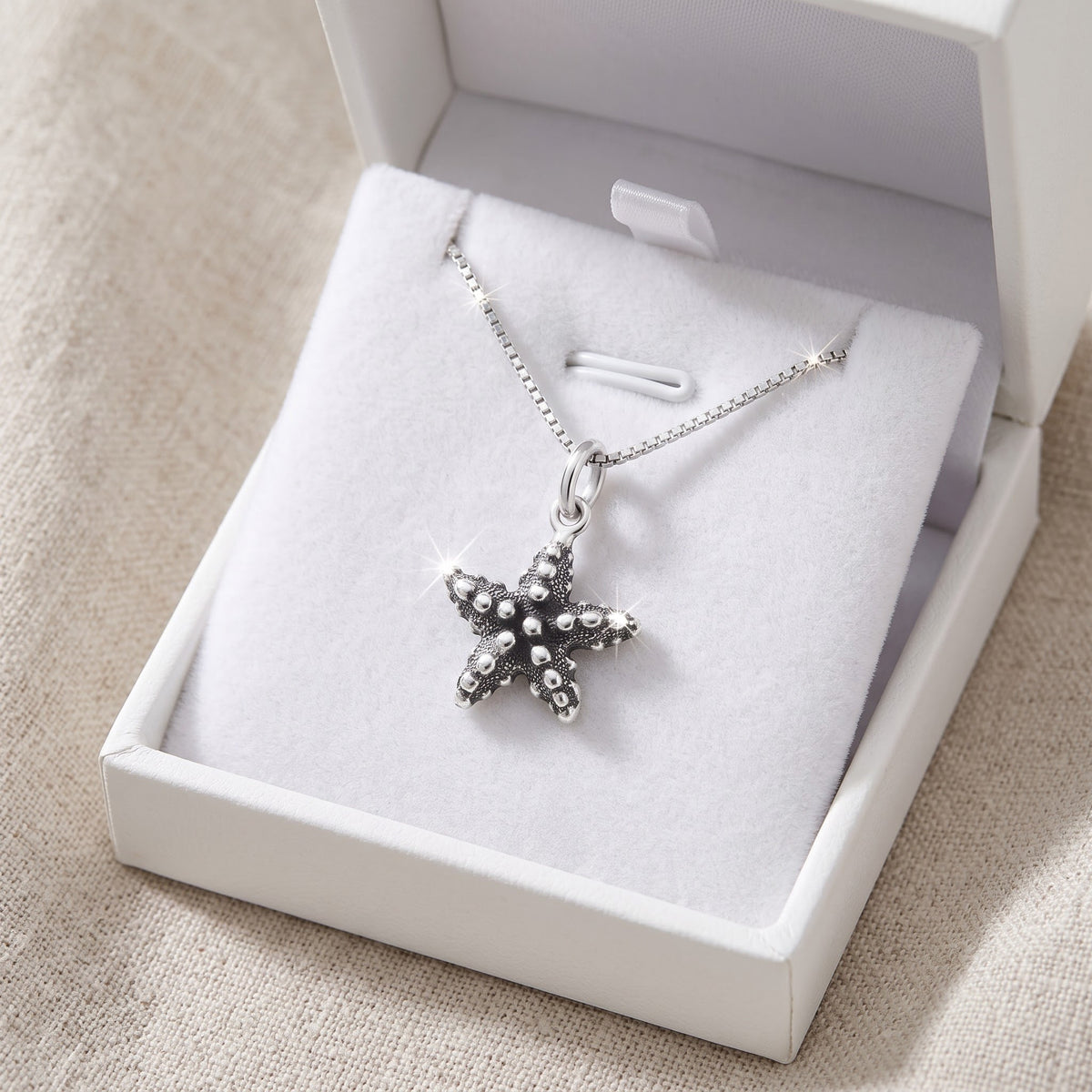 Sterling Silver Nautical Starfish Necklace, 18" in a white gift box, ready to give