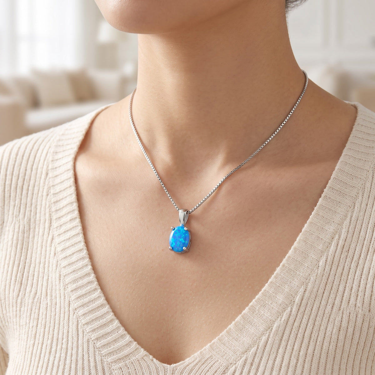 Sterling Silver Oval Created Blue Opal Necklace, 18" worn, lifestyle photo