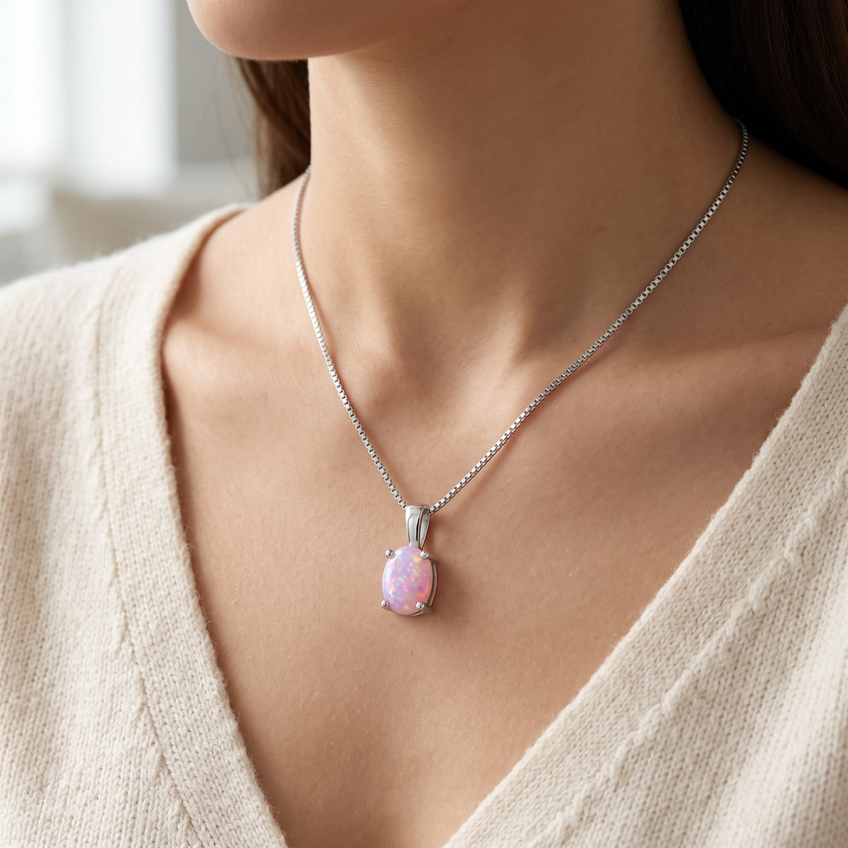 Sterling Silver Oval Created Pink Opal Necklace, 18" worn, lifestyle photo