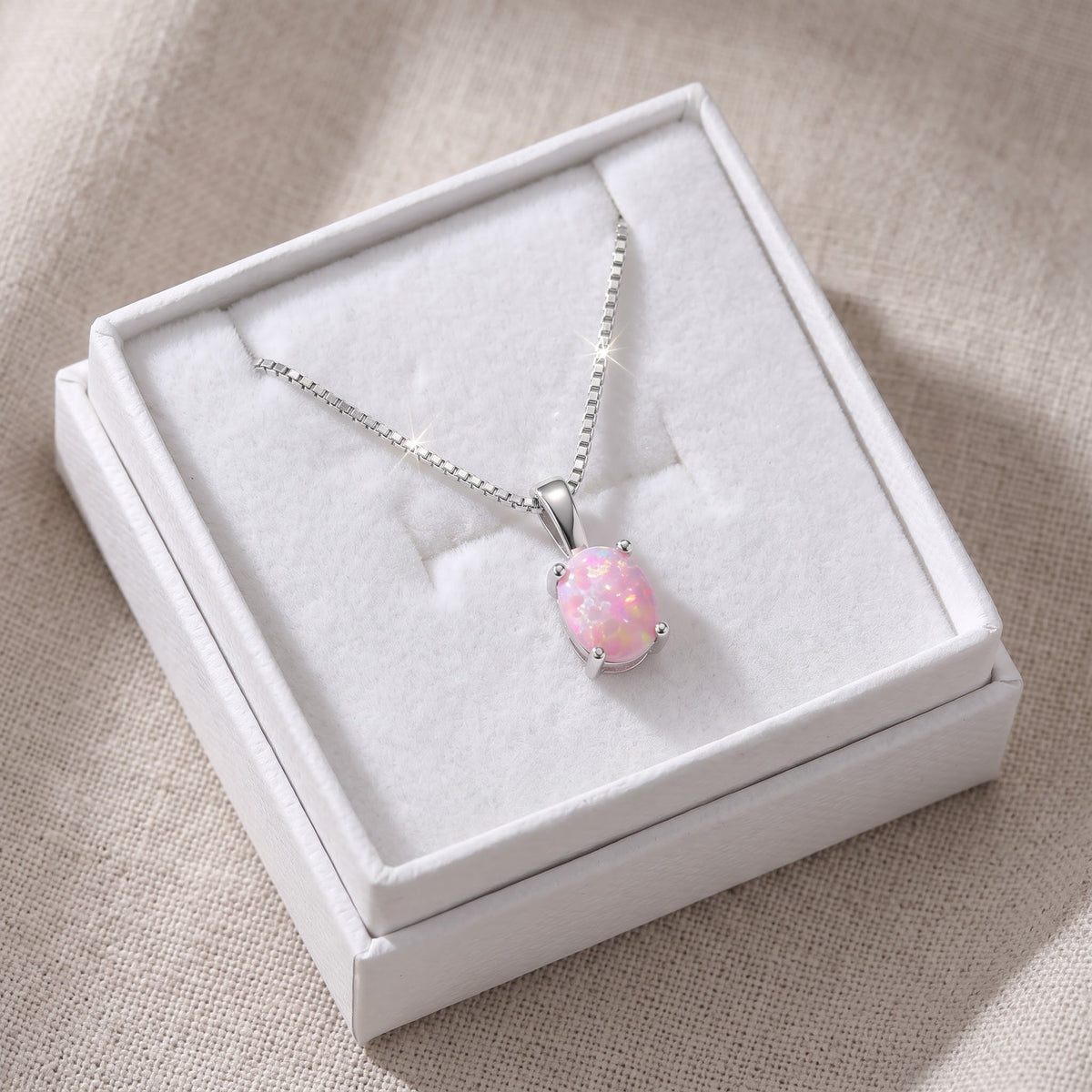Sterling Silver Oval Created Pink Opal Necklace, 18" in a white gift box, ready to give