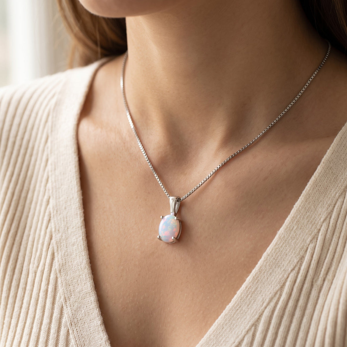 Sterling Silver Oval Created White Opal Necklace, 18" worn, lifestyle photo