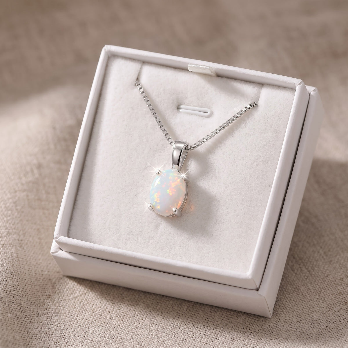 Sterling Silver Oval Created White Opal Necklace, 18" in a white gift box, ready to give