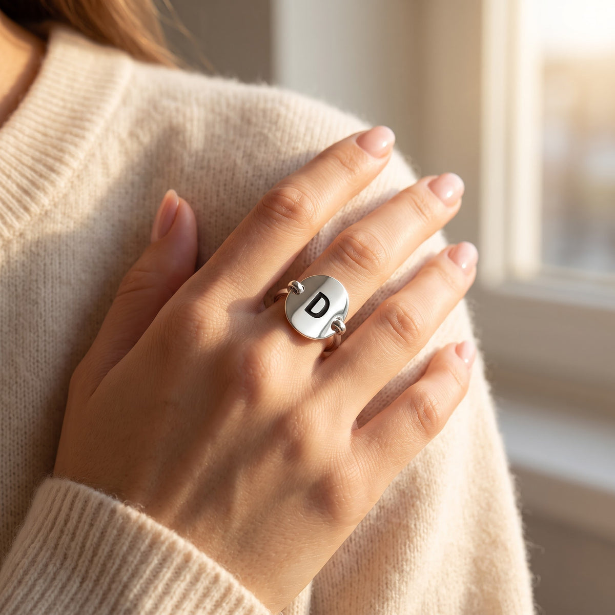 Sterling Silver Oval Initial D Ring worn, lifestyle photo