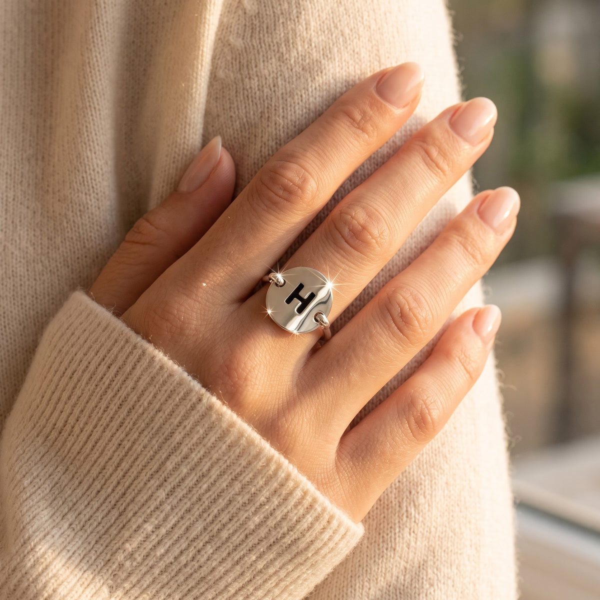 Sterling Silver Oval Initial H Ring worn, lifestyle photo