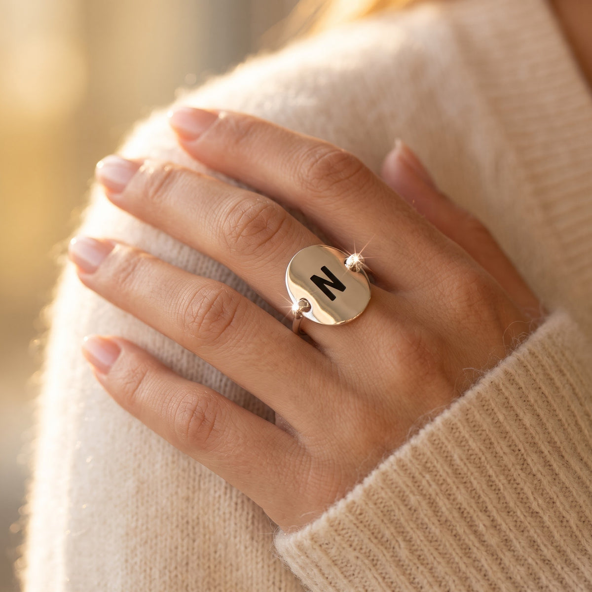 Sterling Silver Oval Initial N Ring worn, lifestyle photo
