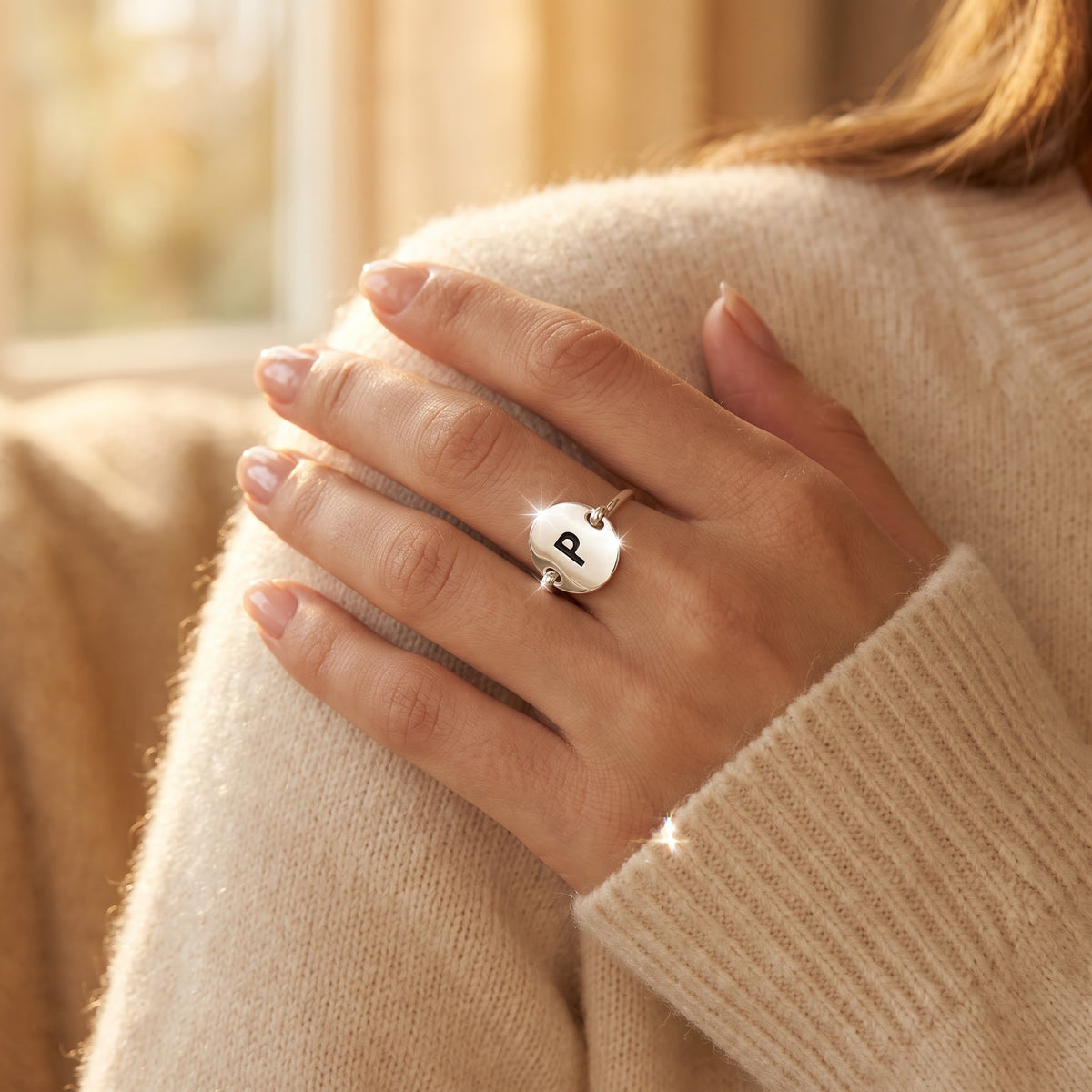 Sterling Silver Oval Initial P Ring worn, lifestyle photo