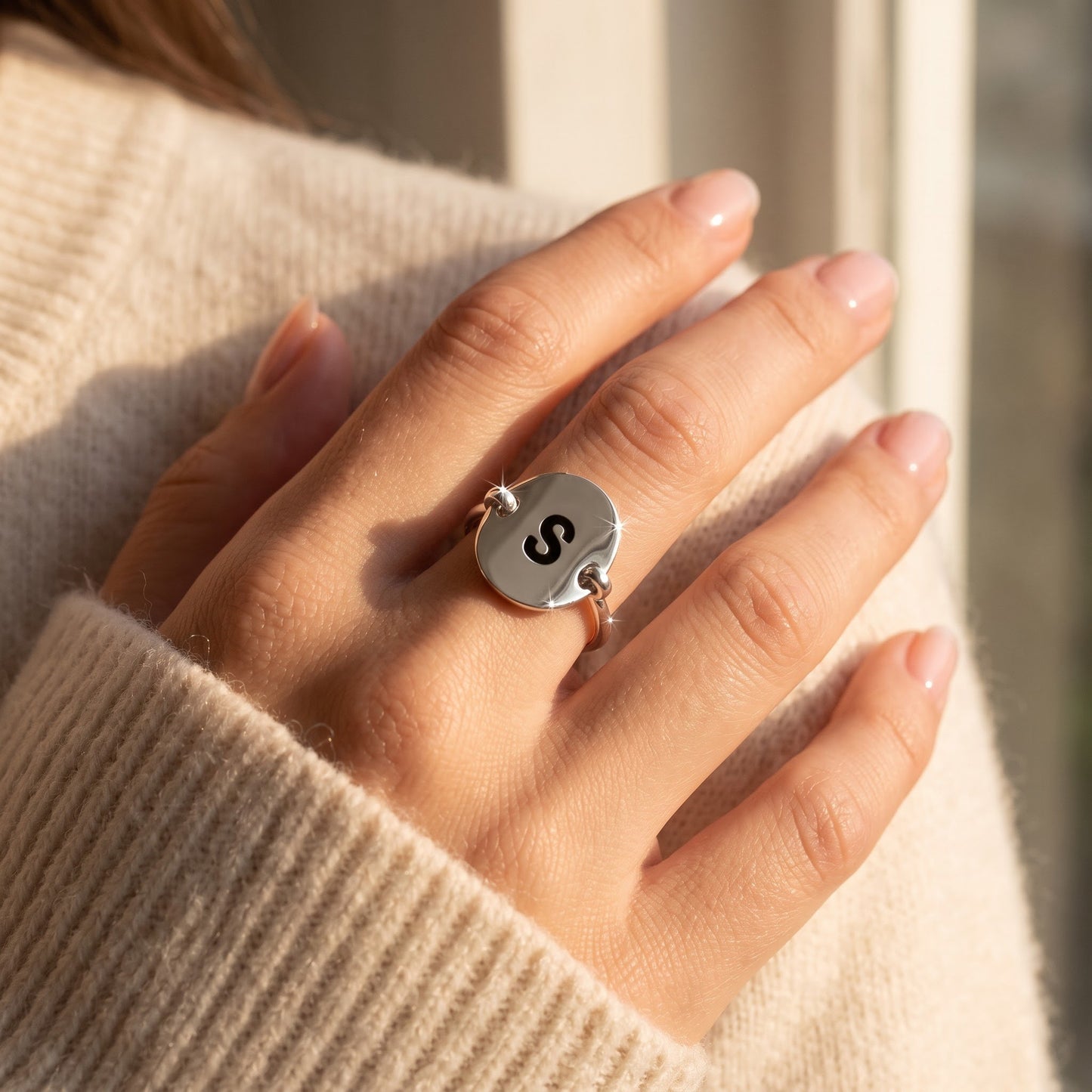 Sterling Silver Oval Initial S Ring worn, lifestyle photo