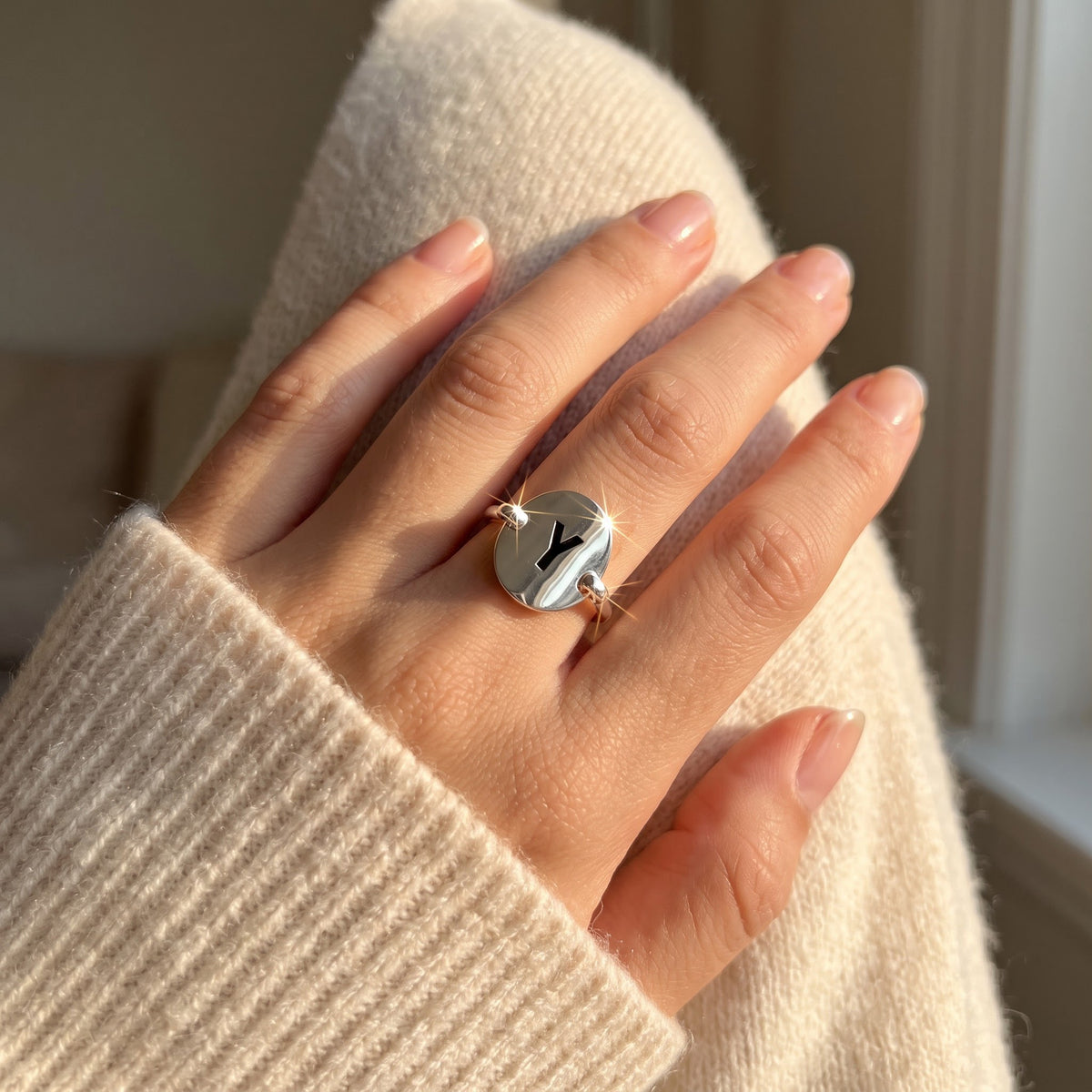 Sterling Silver Oval Initial Y Ring worn, lifestyle photo
