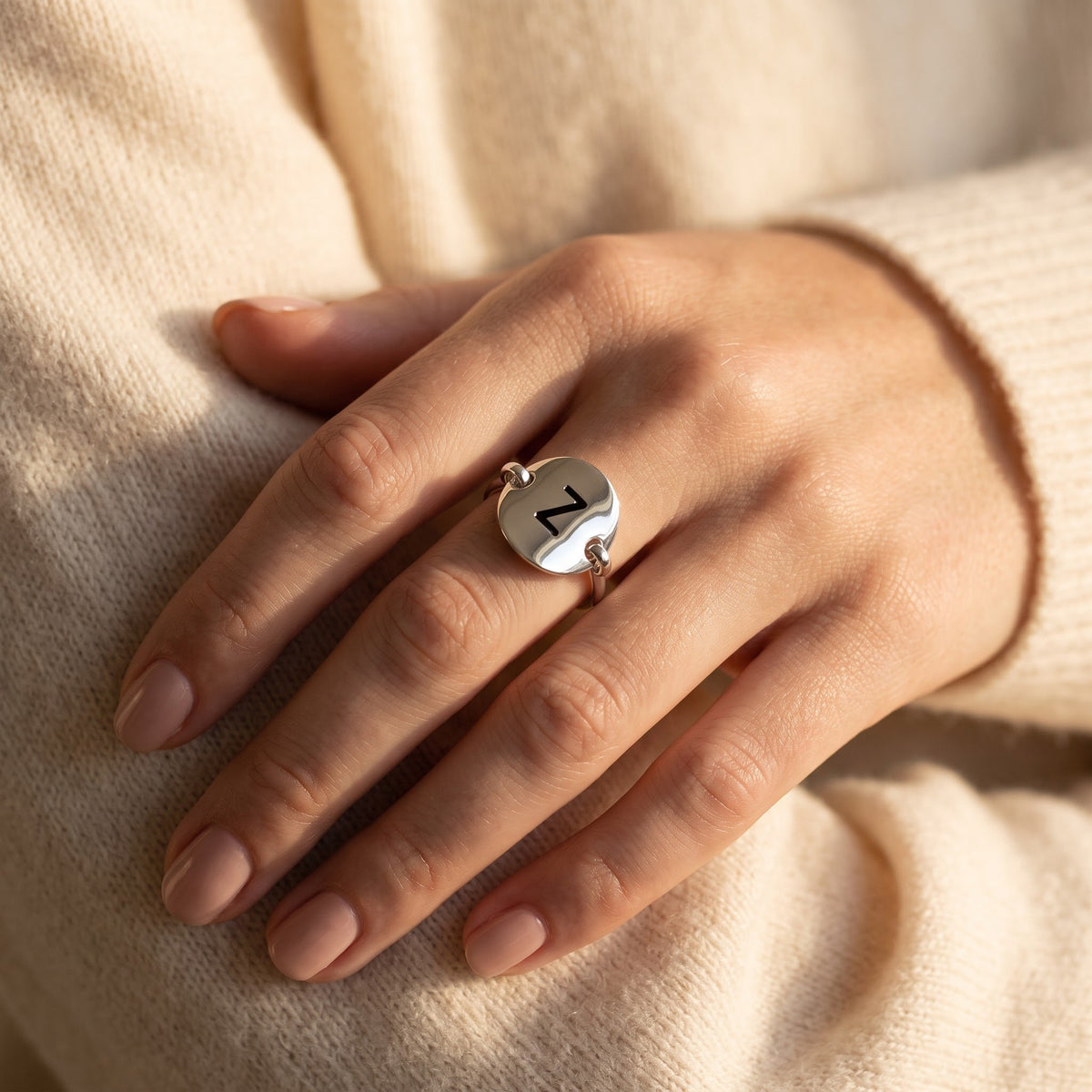 Sterling Silver Oval Initial Z Ring worn, lifestyle photo