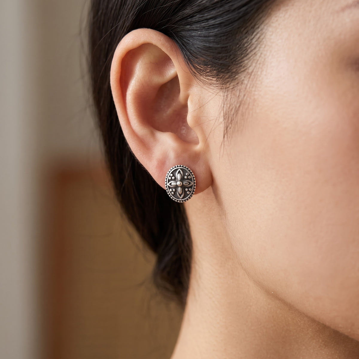 Sterling Silver Oval Oxidized Boho Filigree Stud Earrings worn, lifestyle photo