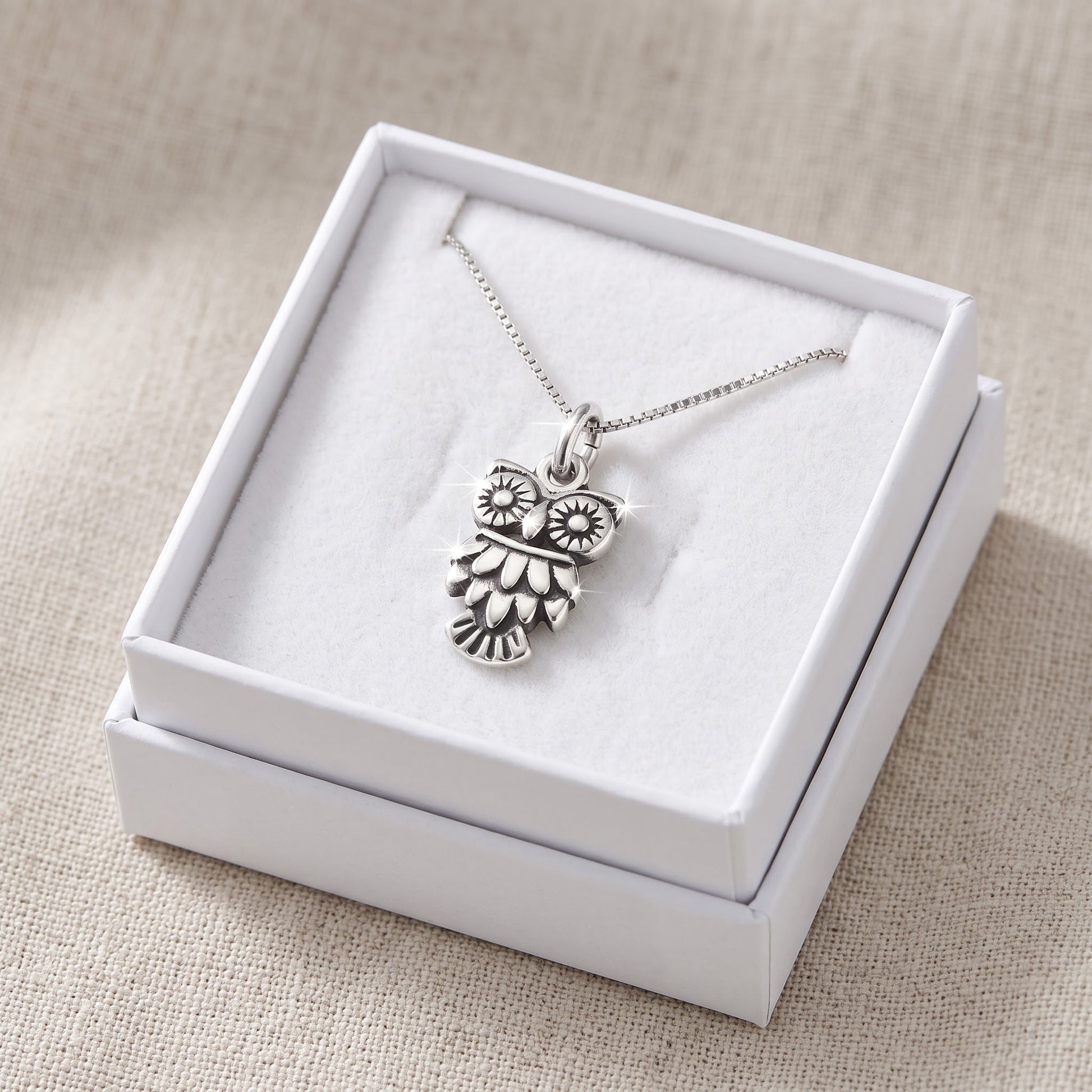 Sterling Silver Owl Necklace, 18" in a white gift box, ready to give