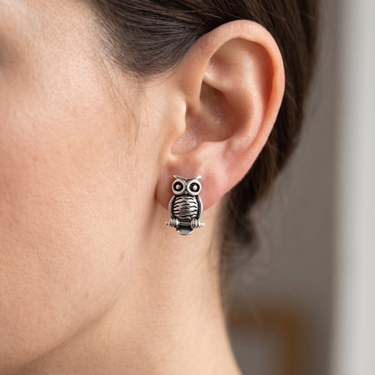 Sterling Silver Owl Stud Earrings, 8mm worn, lifestyle photo