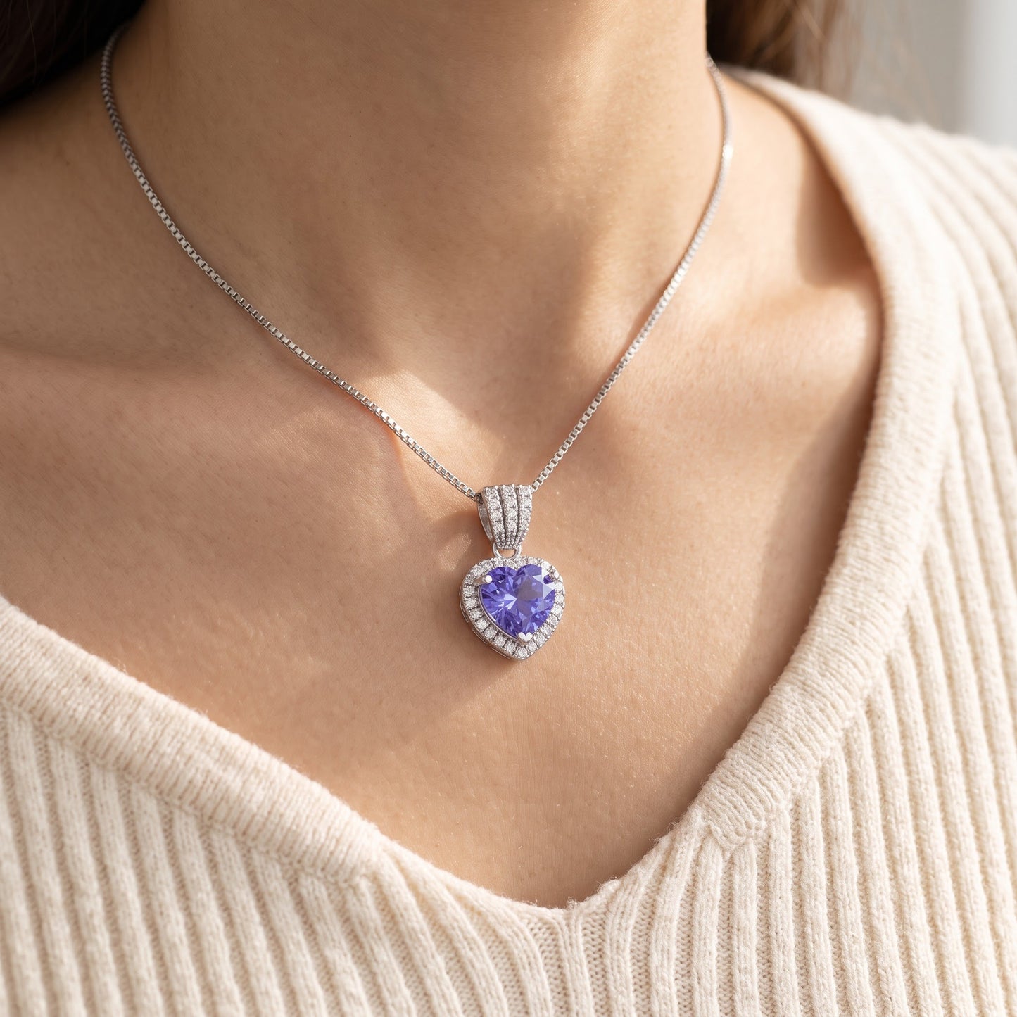 Sterling Silver Purple CZ Halo Heart Necklace worn, lifestyle photo