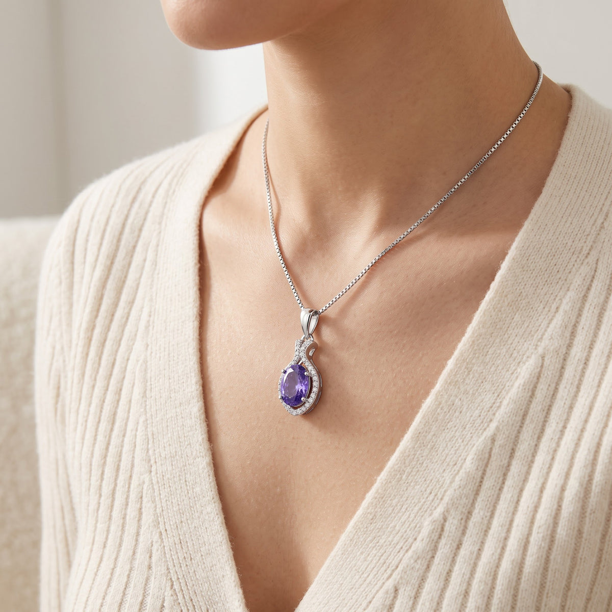 Sterling Silver Purple CZ Oval Drop Necklace worn, lifestyle photo