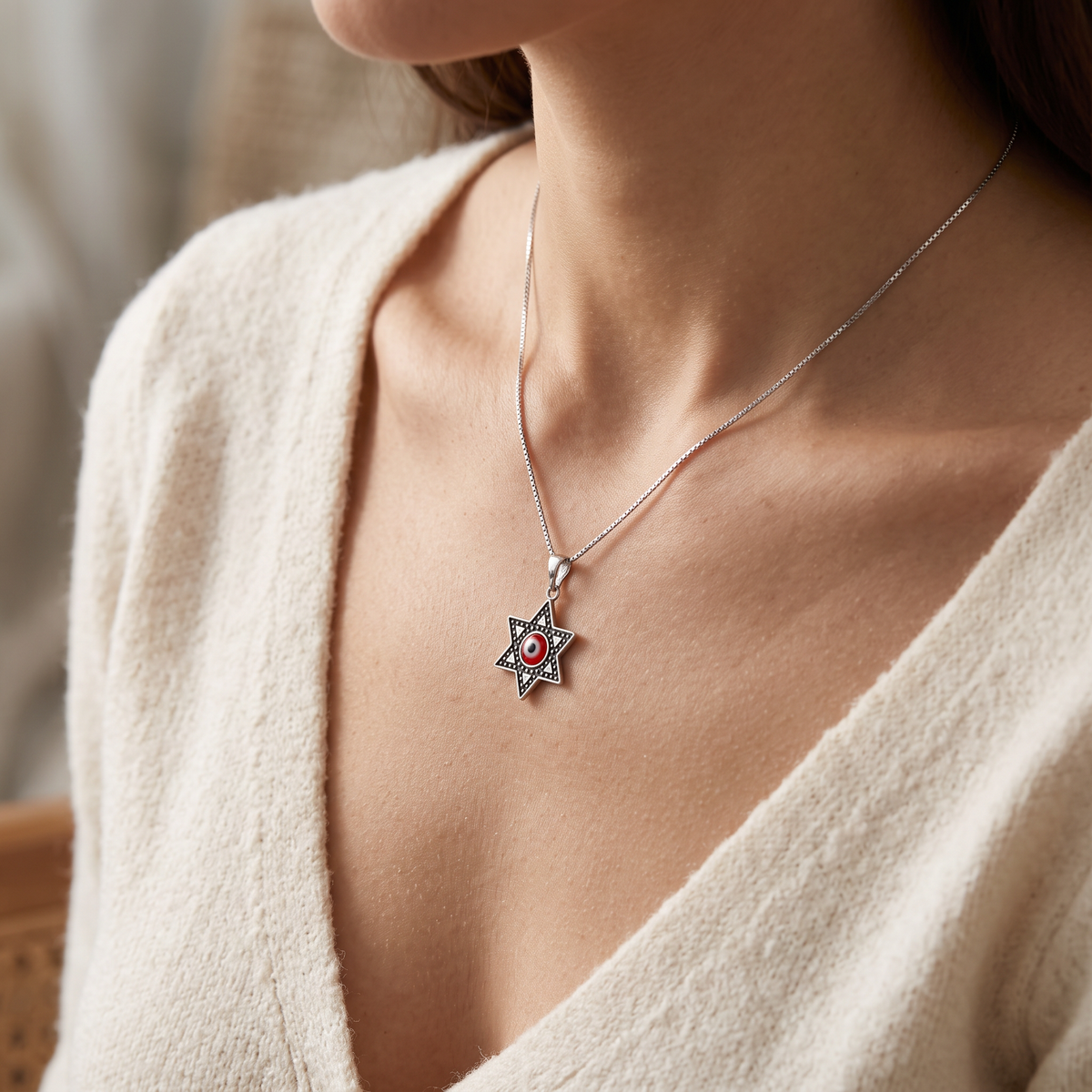 Sterling Silver Red Evil Eye Jewish Star Necklace worn, lifestyle photo