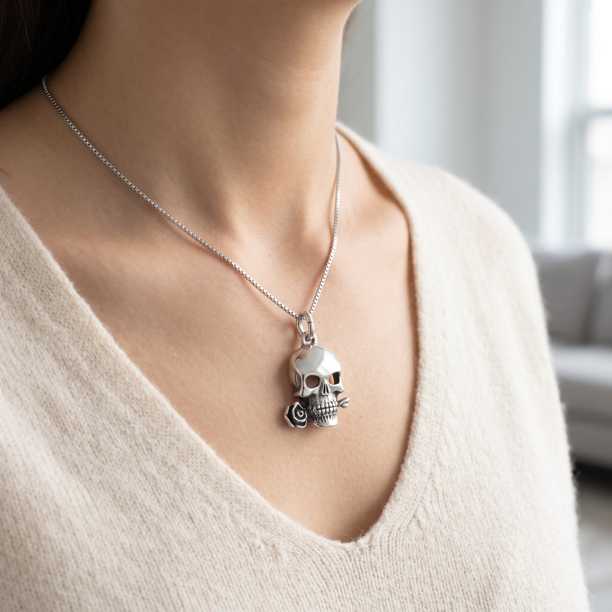 Sterling Silver Rose Skull Necklace, 18 Inch Chain worn, lifestyle photo